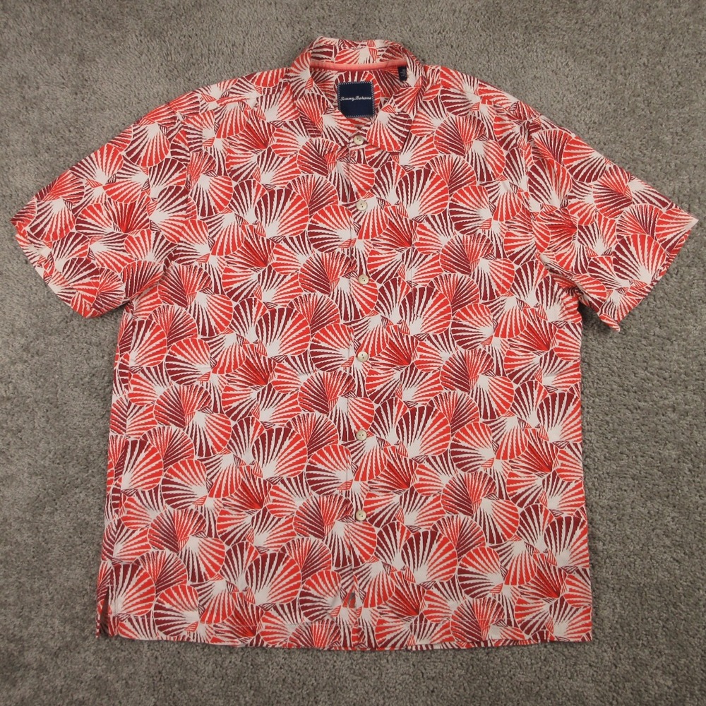 Tommy Bahama Shirt Mens XL Orange Geometric Sea Shell Hawaiian Silk Button Up